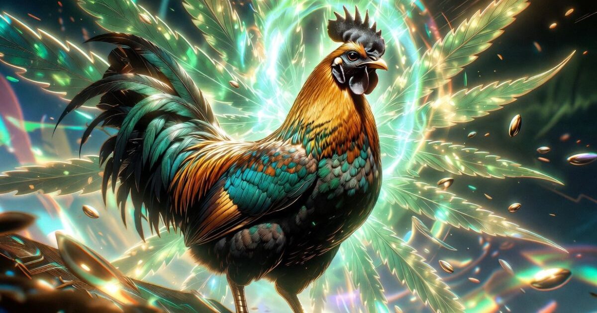 輝く大麻の葉を羽のように広げた、幻想的でカラフルな鶏のデジタルアート、光とエネルギーが溢れるサイケデリックなイメージ