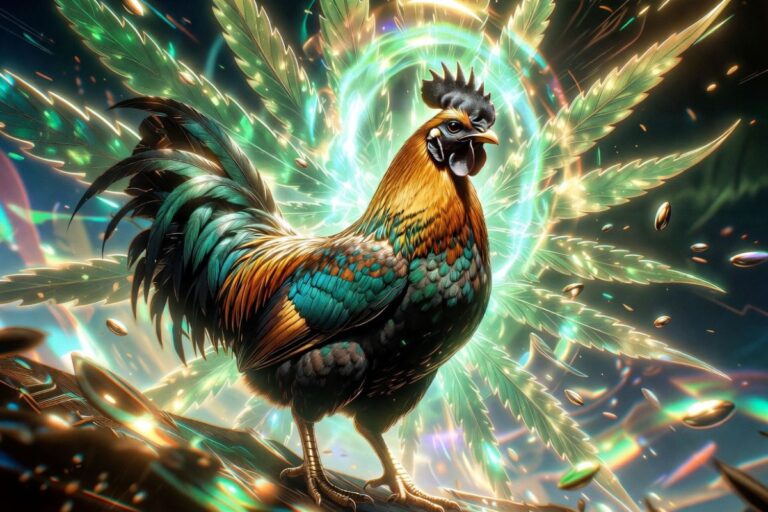 輝く大麻の葉を羽のように広げた、幻想的でカラフルな鶏のデジタルアート、光とエネルギーが溢れるサイケデリックなイメージ