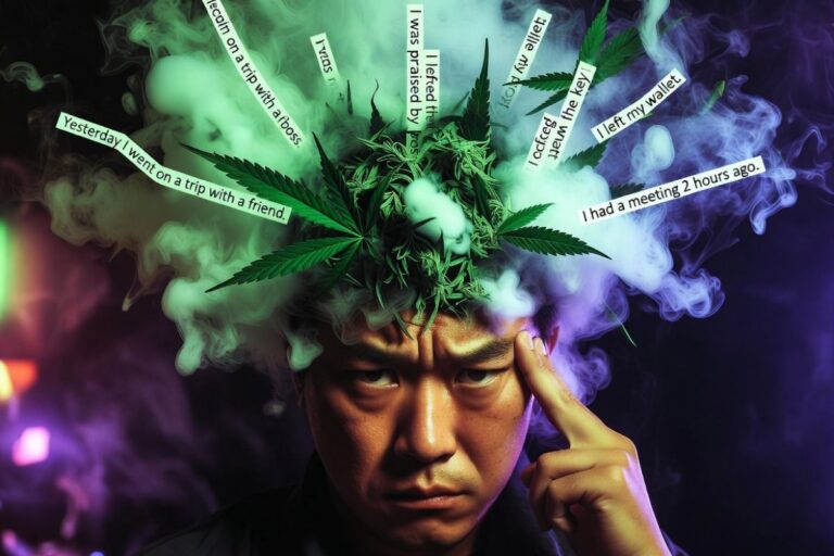 大麻の葉と白い煙の中から様々な記憶の文字が浮かぶ男性の顔。指でこめかみを押さえ、困惑した表情