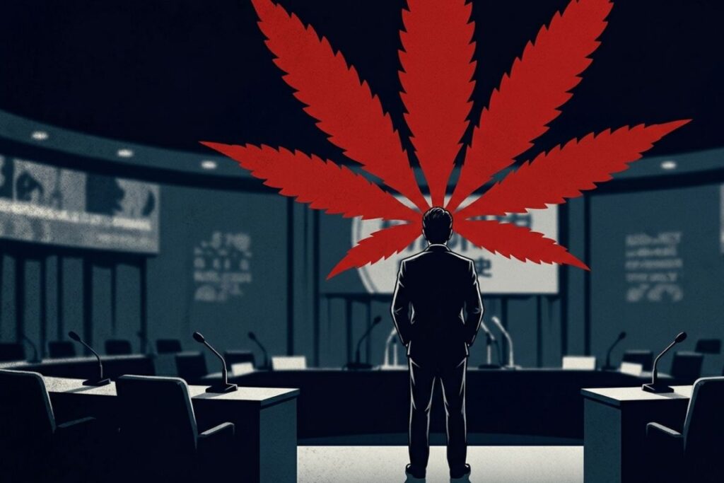 スーツ姿の男性が会議室に立ち、頭の後ろに巨大な赤い大麻の葉が輝くイラスト