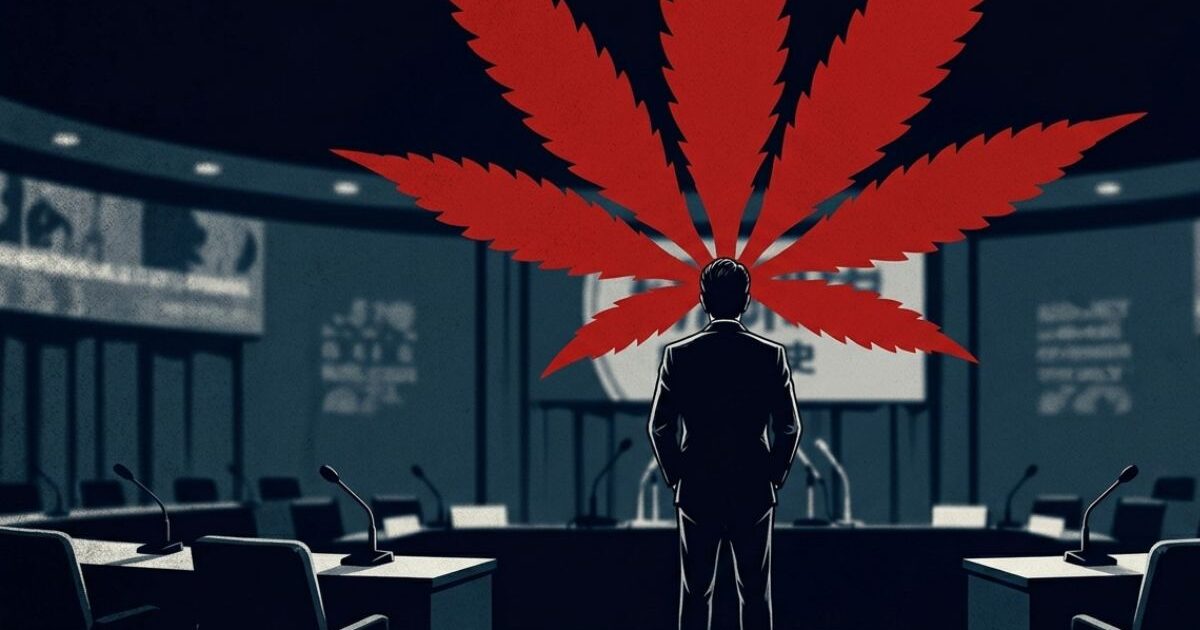 スーツ姿の男性が会議室に立ち、頭の後ろに巨大な赤い大麻の葉が輝くイラスト