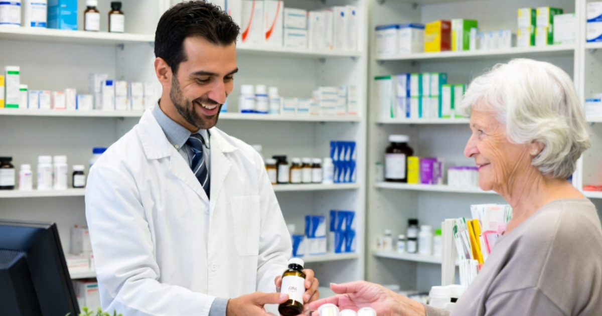 明るい薬局で、白衣を着た男性薬剤師が笑顔で高齢女性に薬瓶を手渡している。高齢女性も笑顔で受け取っており、二人の間には温かい交流が生まれている。背景の棚には、多くの薬や医療品が整然と並んでいる。
