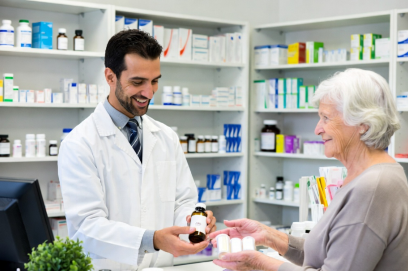 明るい薬局で、白衣を着た男性薬剤師が笑顔で高齢女性に薬瓶を手渡している。高齢女性も笑顔で受け取っており、二人の間には温かい交流が生まれている。背景の棚には、多くの薬や医療品が整然と並んでいる。