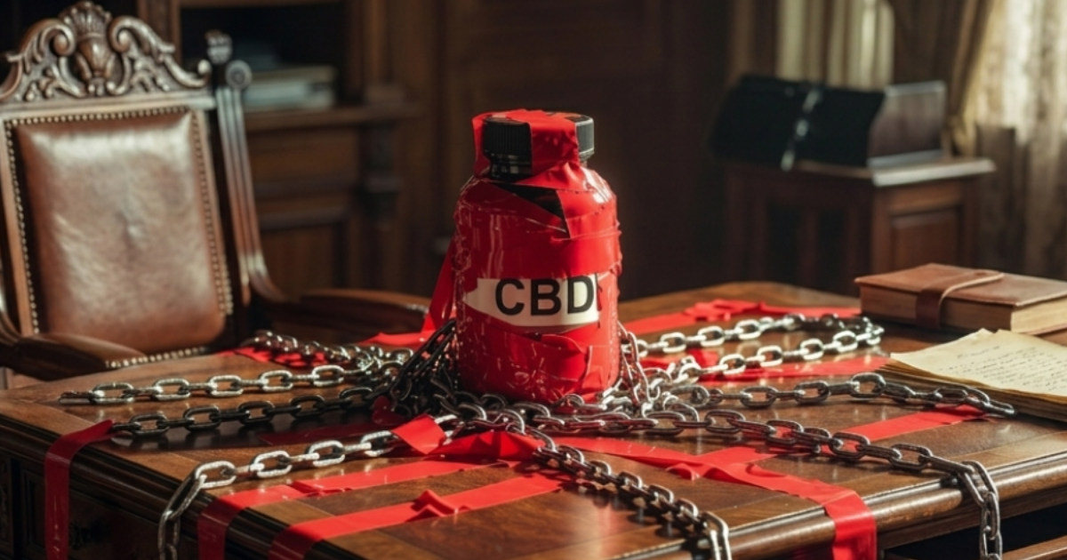 重厚なアンティークの木製デスクの上に、赤いテープで幾重にも巻かれた黒いCBD製品のボトルが置かれている。ボトルとデスク全体は、無数の太い鉄チェーンで幾重にも拘束され、さらに赤いテープでデスクに固定されている。背景には、クラシックな椅子や古い電話機があり、重苦しい雰囲気が漂っている。