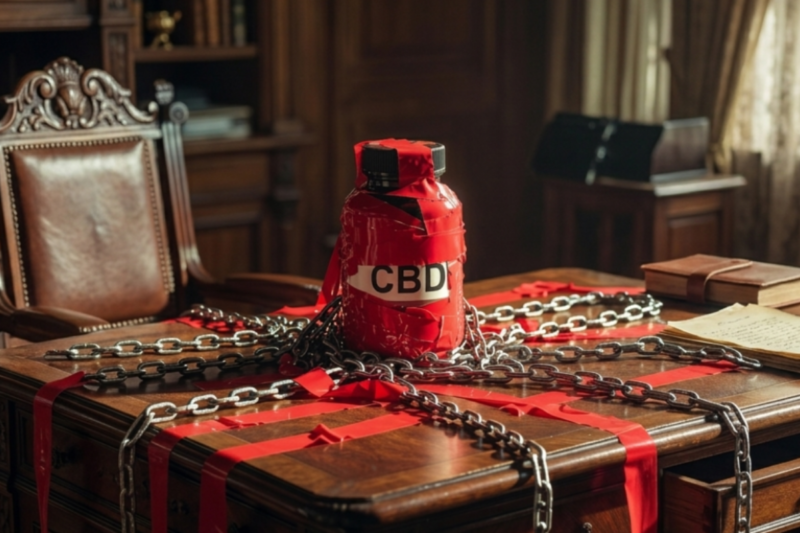 重厚なアンティークの木製デスクの上に、赤いテープで幾重にも巻かれた黒いCBD製品のボトルが置かれている。ボトルとデスク全体は、無数の太い鉄チェーンで幾重にも拘束され、さらに赤いテープでデスクに固定されている。背景には、クラシックな椅子や古い電話機があり、重苦しい雰囲気が漂っている。