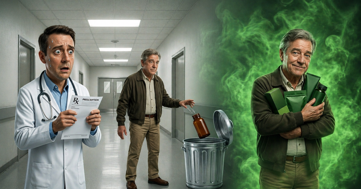 病院の廊下で処方箋に困惑する医師と薬を捨てる男性、対照的に緑の煙の中で製品を抱える男性