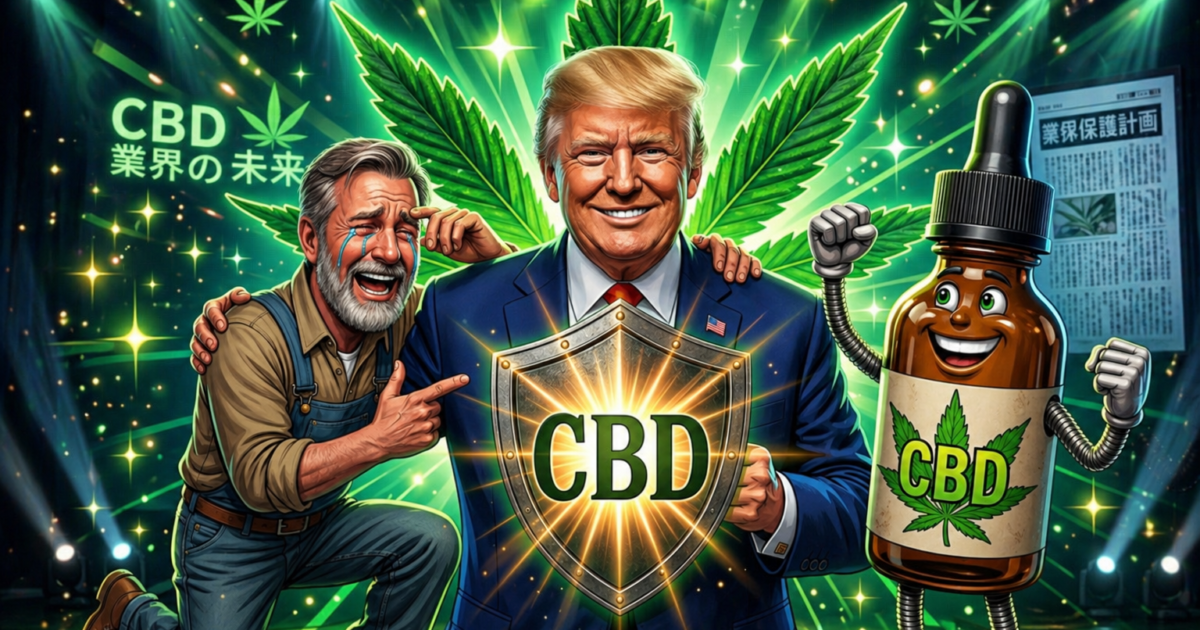 CBDの盾を掲げる男性を中心に、製品と人物が配置されたカンナビス業界の未来を表現するイラスト