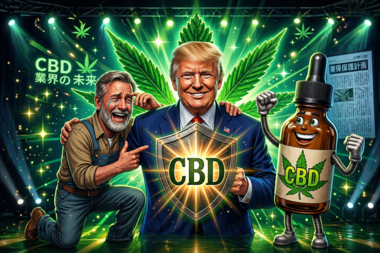 CBDの盾を掲げる男性を中心に、製品と人物が配置されたカンナビス業界の未来を表現するイラスト
