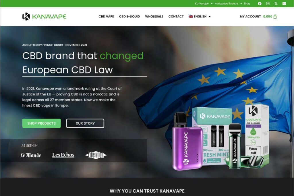 欧州CBD法に影響を与えたブランドKANAVAPEのトップページとCBDベイプ製品、EU旗のビジュアル