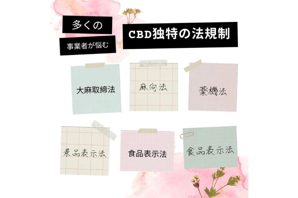 「多くの事業者が悩む CBD独特の法規制」というタイトルのグラフィック。パステルカラーの付箋に、大麻取締法、麻向法、薬機法、景品表示法、食品表示法という5つの主要法令が手書き風のフォントで記されている。背景には淡いピンクの水彩画風の花のイラストがあしらわれ、親しみやすく整理されたデザイン