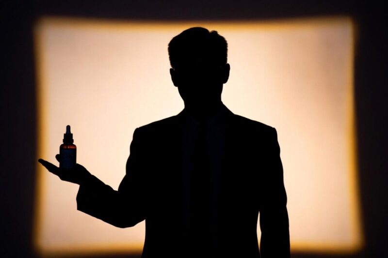 FBIのバッジと握手するビジネスマンのシルエット、ヘンプ企業への連邦機関公認を象徴するイメージ