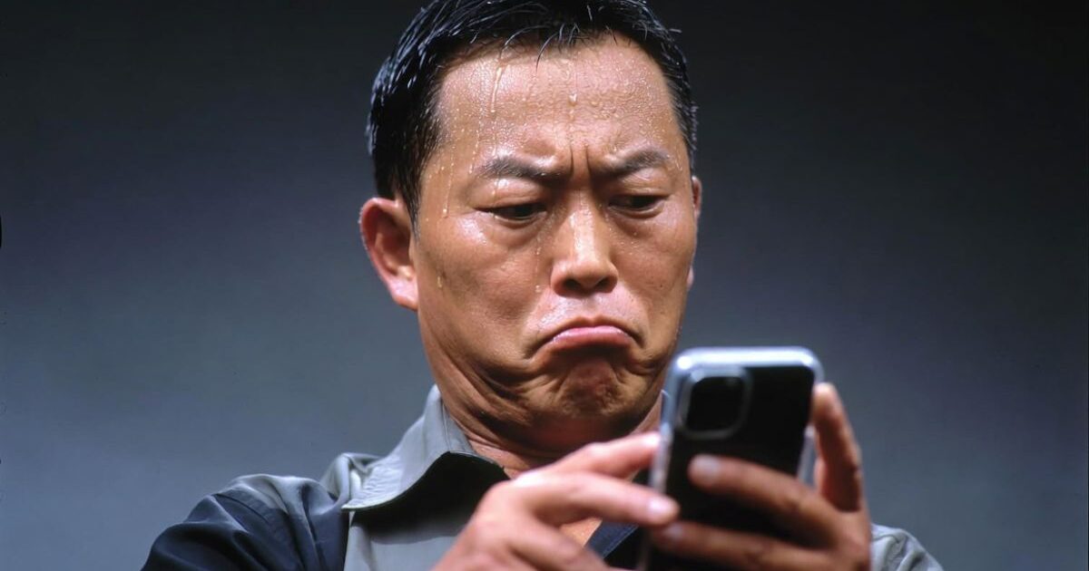 スマートフォンを見ながら困惑した表情を浮かべる汗だくの男性