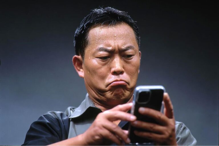 スマートフォンを見ながら困惑した表情を浮かべる汗だくの男性