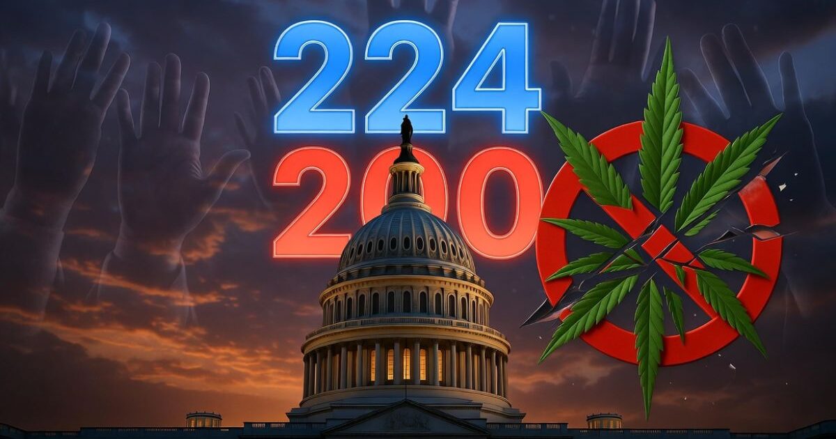 アメリカ議会議事堂を背景に、青いネオンで「224」、赤いネオンで「200」の大きな数字が浮かび上がっている。背景に多くの手を挙げたシルエットがあり、右側では緑の大麻の葉が赤い禁止マークを突き破っている劇的なイラスト。
