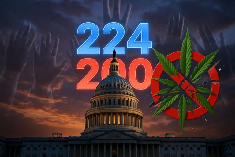 アメリカ議会議事堂を背景に、青いネオンで「224」、赤いネオンで「200」の大きな数字が浮かび上がっている。背景に多くの手を挙げたシルエットがあり、右側では緑の大麻の葉が赤い禁止マークを突き破っている劇的なイラスト。