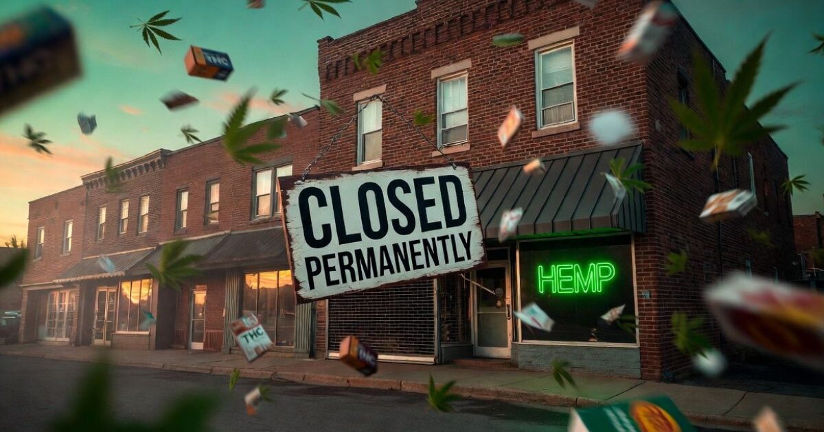レンガ造りの街並みに「CLOSED PERMANENTLY（永久閉店）」の大きな看板が掛かった店舗。店内には緑色の「HEMP」ネオンサインが光り、空気中に大麻の葉とTHC製品のパッケージがたくさん舞っている夕暮れのシーン。