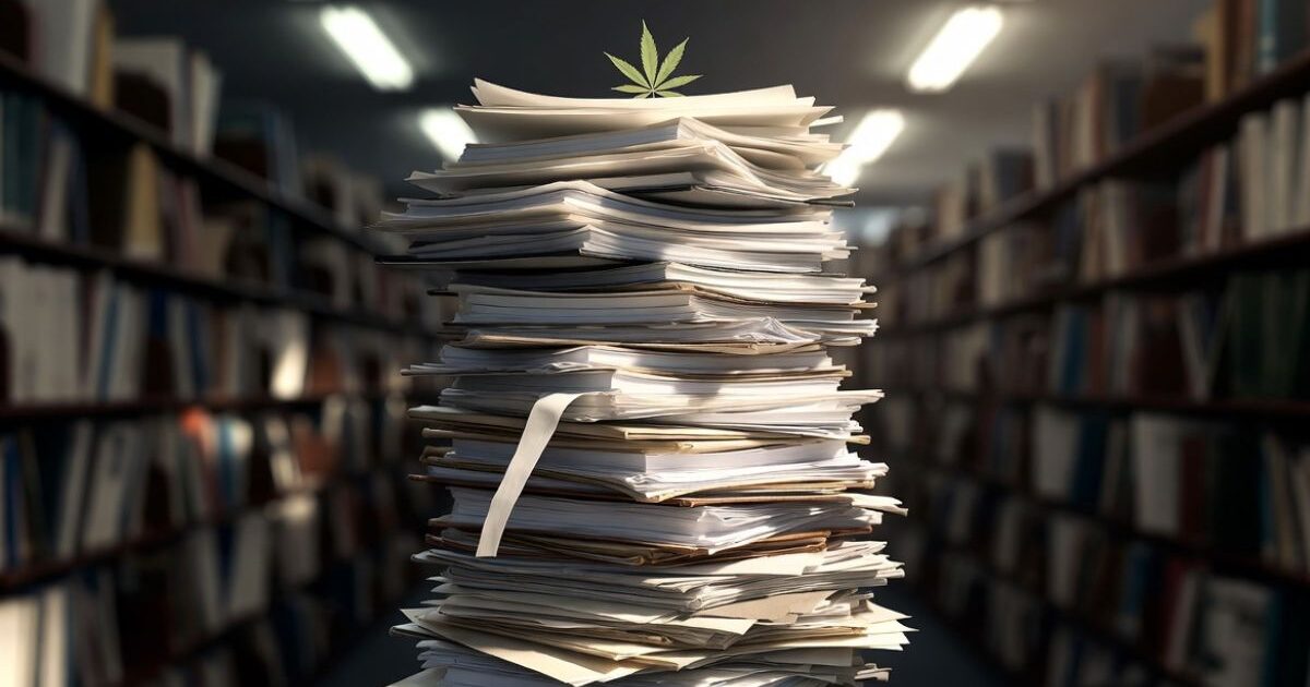 図書館の本棚の間に高く積み上げられた大量の書類の山の上に、緑の大麻の葉が乗っている