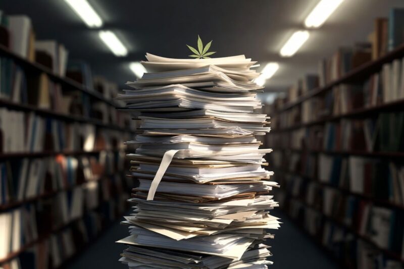 図書館の本棚の間に高く積み上げられた大量の書類の山の上に、緑の大麻の葉が乗っている