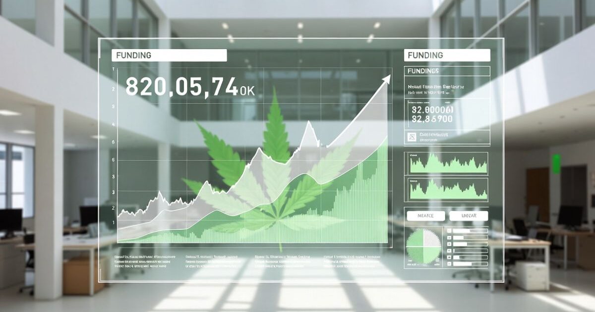 モダンなオフィス空間に浮かぶ巨大なホログラフィックデータビジュアライゼーション。中央に大麻の葉をモチーフにした上昇中の折れ線グラフがあり、820,057,400Kの巨額資金を表す。右側には各種財務データとチャートが表示された、 cannabis（大麻）産業の資金調達・成長を示す未来志向のイラスト。