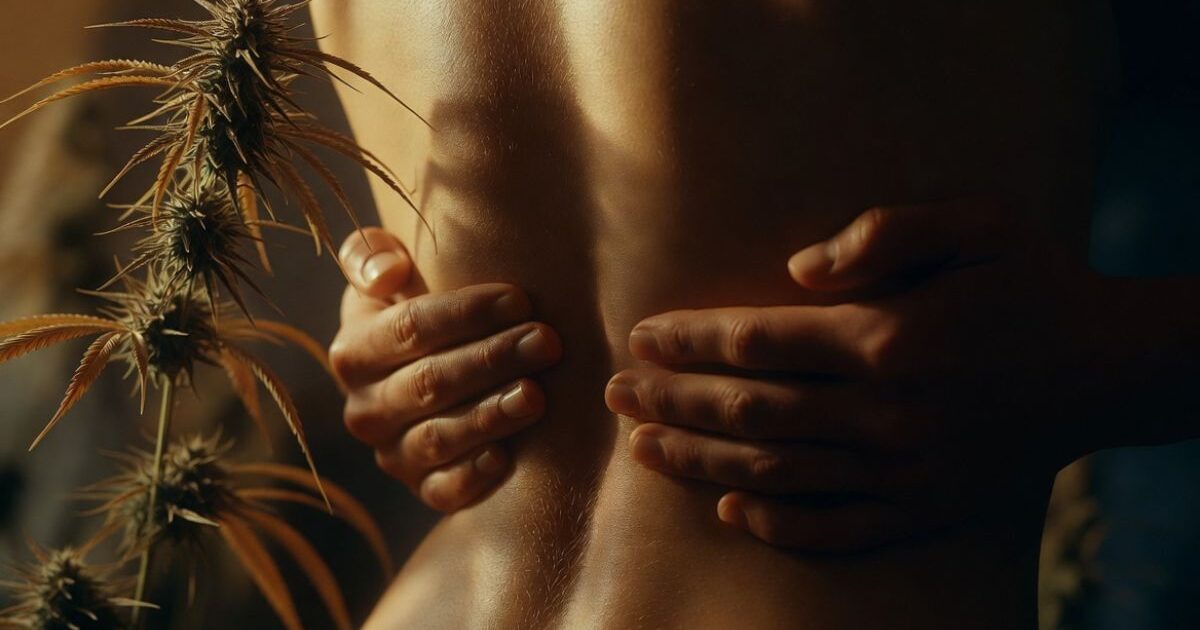 裸の背中に優しく手を回す二人の人物と、近くに置かれた大麻の植物