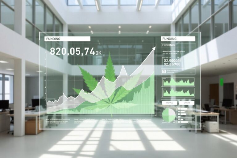 モダンなオフィス空間に浮かぶ巨大なホログラフィックデータビジュアライゼーション。中央に大麻の葉をモチーフにした上昇中の折れ線グラフがあり、820,057,400Kの巨額資金を表す。右側には各種財務データとチャートが表示された、 cannabis（大麻）産業の資金調達・成長を示す未来志向のイラスト。