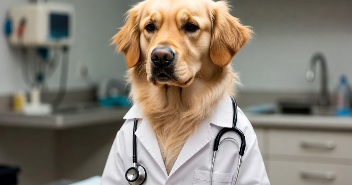 白衣を着て聴診器を首にかけたゴールデン・レトリーバーの獣医（犬の医者）。真剣な表情でカメラを見つめる可愛い犬のポートレート、病院の診察室を背景に