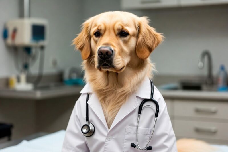 白衣を着て聴診器を首にかけたゴールデン・レトリーバーの獣医（犬の医者）。真剣な表情でカメラを見つめる可愛い犬のポートレート、病院の診察室を背景に
