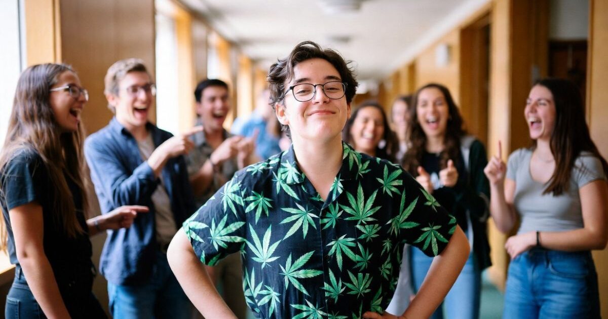 大麻の葉柄のシャツを着た眼鏡の若者が、学校の廊下で自信たっぷりに笑顔で立つ。周囲では友人たちが大笑いしながら指を差している