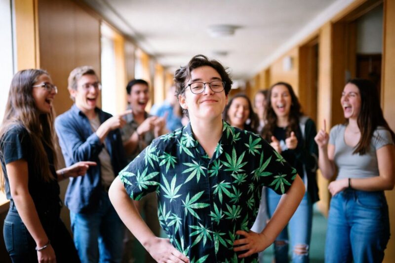 大麻の葉柄のシャツを着た眼鏡の若者が、学校の廊下で自信たっぷりに笑顔で立つ。周囲では友人たちが大笑いしながら指を差している