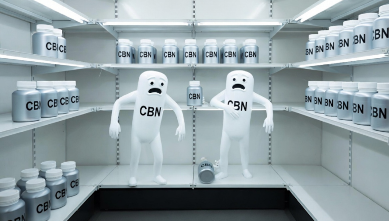 CBNと表示されたボトルが並ぶ棚の中で、不安そうな表情のCBNキャラクターが立っているイメージ