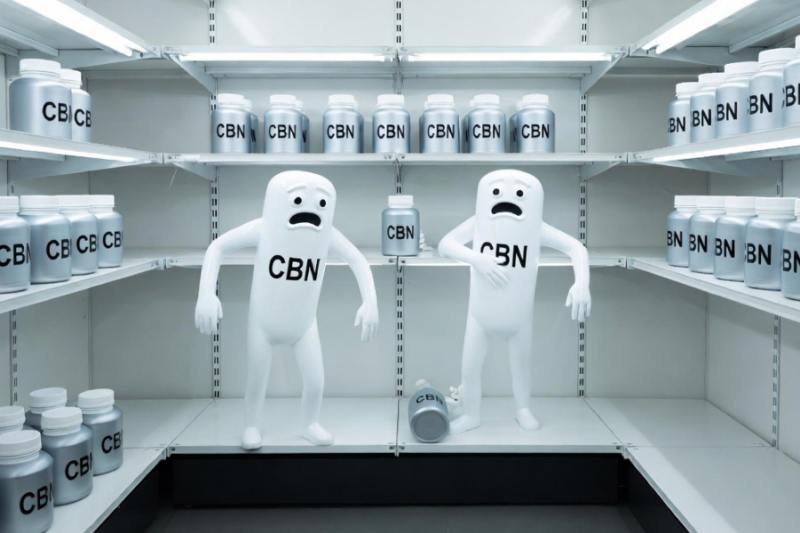 CBNと表示されたボトルが並ぶ棚の中で、不安そうな表情のCBNキャラクターが立っているイメージ