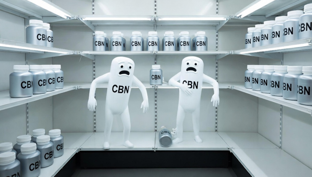 CBNと表示されたボトルが並ぶ棚の中で、不安そうな表情のCBNキャラクターが立っているイメージ