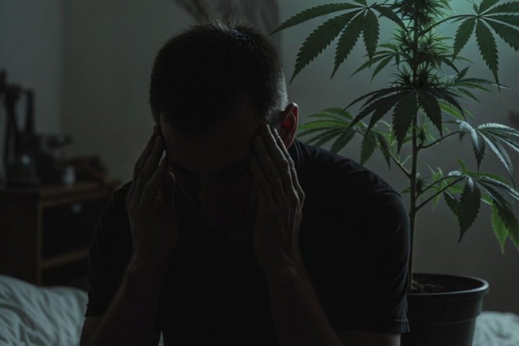暗い部屋で頭を抱えて悩む男性と、隣に置かれた大きなマリファナの観葉植物