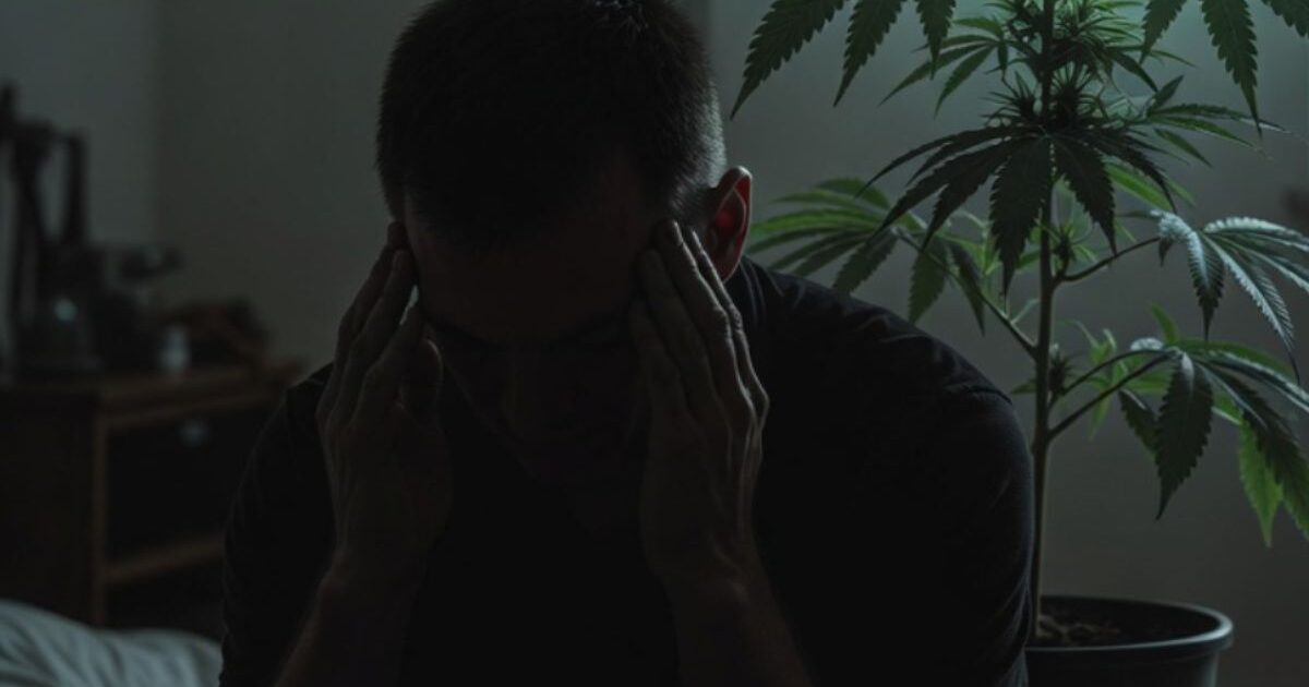 暗い部屋で頭を抱えて悩む男性と、隣に置かれた大きなマリファナの観葉植物