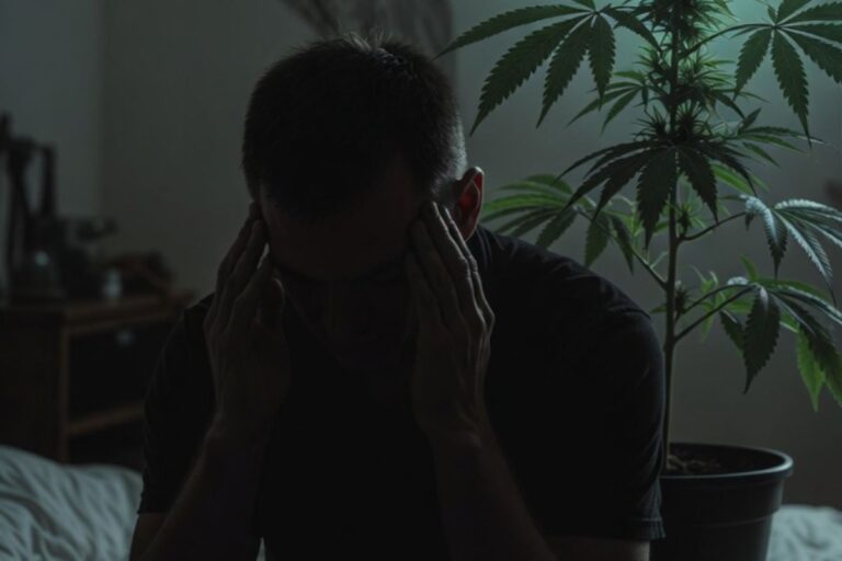 暗い部屋で頭を抱えて悩む男性と、隣に置かれた大きなマリファナの観葉植物