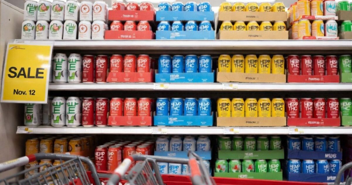 スーパーの棚に所狭しと並ぶHemp THC飲料の缶各種。黄色いSALEポスターが貼られ、 foregroundにショッピングカートが見える