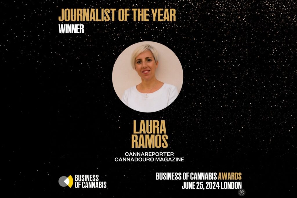 ローラ・ラモス Laura Ramos - Journalist of the Year Winner。Business of Cannabis Awards 2024 London受賞ポスター。星空の黒背景に金色の文字と円形ポートレート