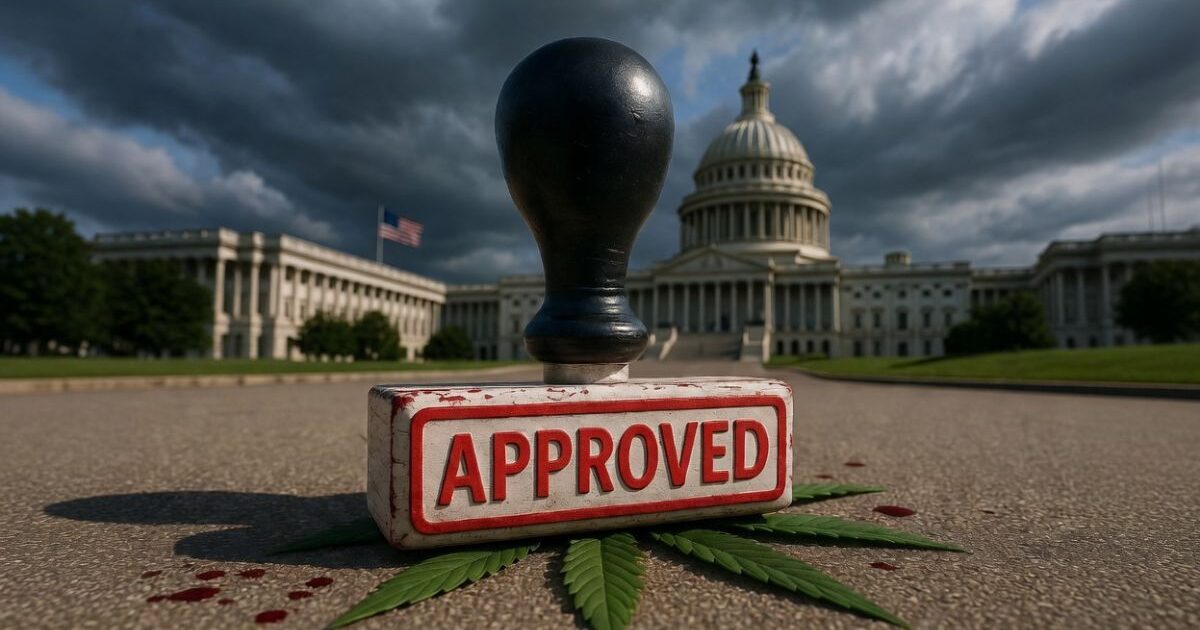 「APPROVED」と書かれた大きな承認スタンプが、 cannabis（大麻）の葉と赤い染みの散る舗装路に置かれ、背景にアメリカ合衆国議会議事堂（US Capitol）が暗い嵐の空の下にそびえるドラマチックな場面