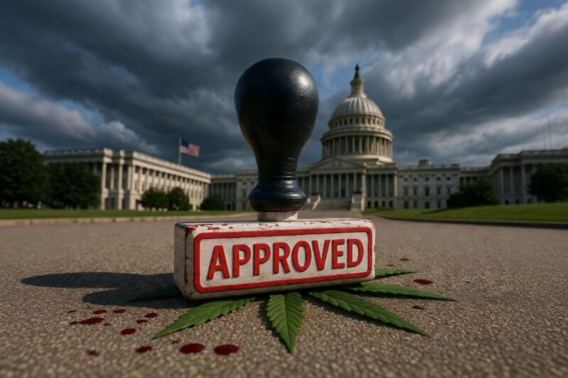 「APPROVED」と書かれた大きな承認スタンプが、 cannabis（大麻）の葉と赤い染みの散る舗装路に置かれ、背景にアメリカ合衆国議会議事堂（US Capitol）が暗い嵐の空の下にそびえるドラマチックな場面