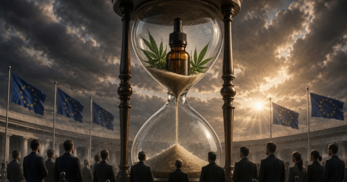 巨大な砂時計の中にCBDオイルボトルと大麻葉が置かれ、周囲をスーツ姿の人々が見守る、EU規制の長期化と待機状態を象徴するコンセプトビジュアル