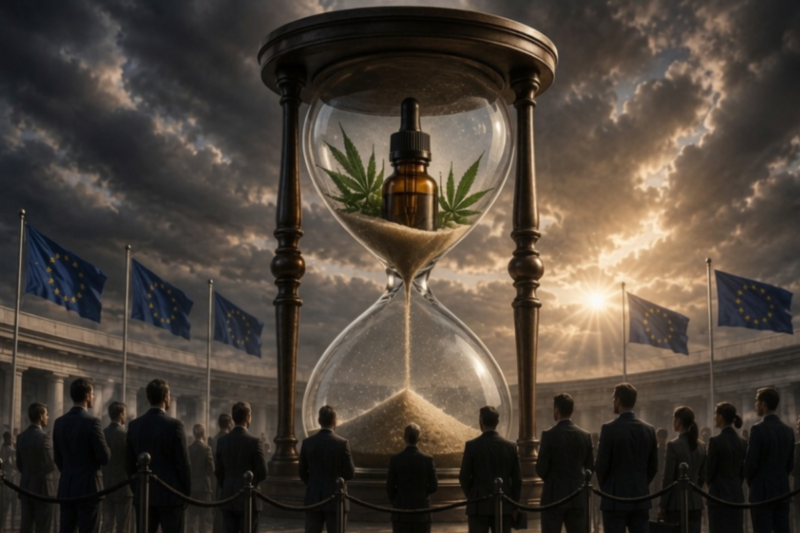 巨大な砂時計の中にCBDオイルボトルと大麻葉が置かれ、周囲をスーツ姿の人々が見守る、EU規制の長期化と待機状態を象徴するコンセプトビジュアル