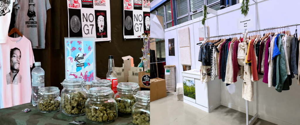 欧州のカンナビス展示会で撮影されたブース風景。左にはガラス瓶に入ったカンナビスフラワーや関連グッズ、右にはサステナブル素材を活用したアパレル製品が展示されている。
