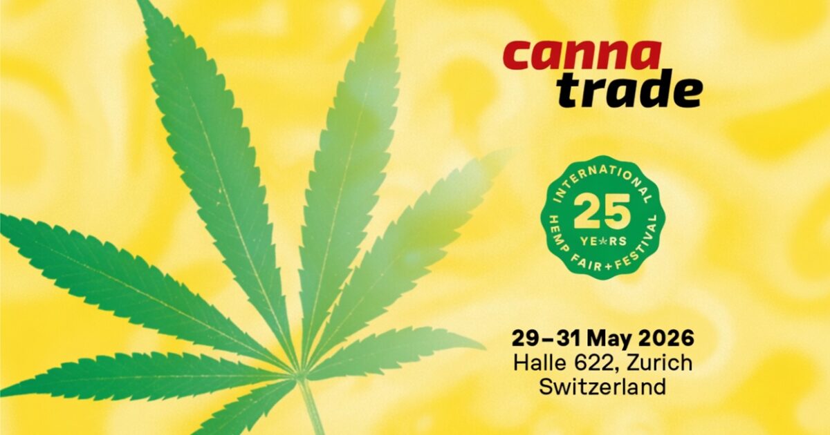 Canna Trade International Hemp Fair + Festival 25周年記念ポスター。緑色の大きな大麻の葉が黄色い背景に描かれ、右上に『canna trade』のロゴ、緑の円形シールに『25 YEARS』、下部に『29–31 May 2026 Halle 622, Zurich Switzerland』のイベント情報が記載されている。