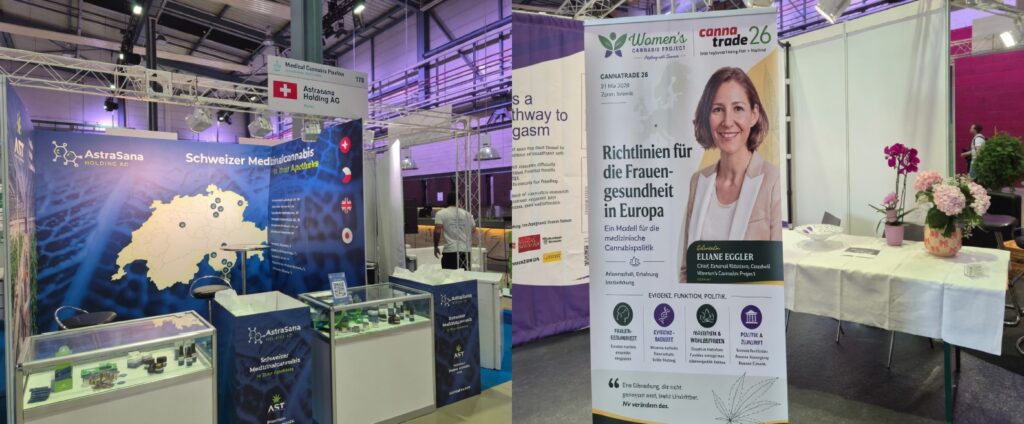 AstraSana Holding AGの医療用大麻展示ブースと、Women's Cannabis ProjectのEliane Eggler氏が登場する女性の健康と大麻に関する大型バナー。CannaTrade26のスイス医療用大麻イベント会場。