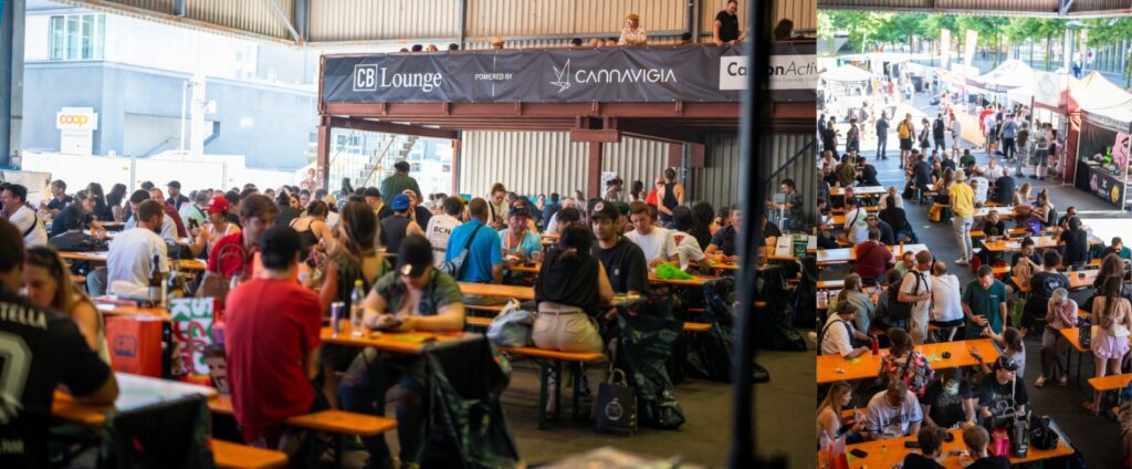 Canna Trade 25周年イベントの賑わう会場風景。左：大勢の来場者がオレンジ色のテーブルで飲食・交流する屋内ホール（CB Lounge / CANNABIGIA）。右：屋外エリアでたくさんの人がテーブルを囲む活気あるフェスティバルシーン。