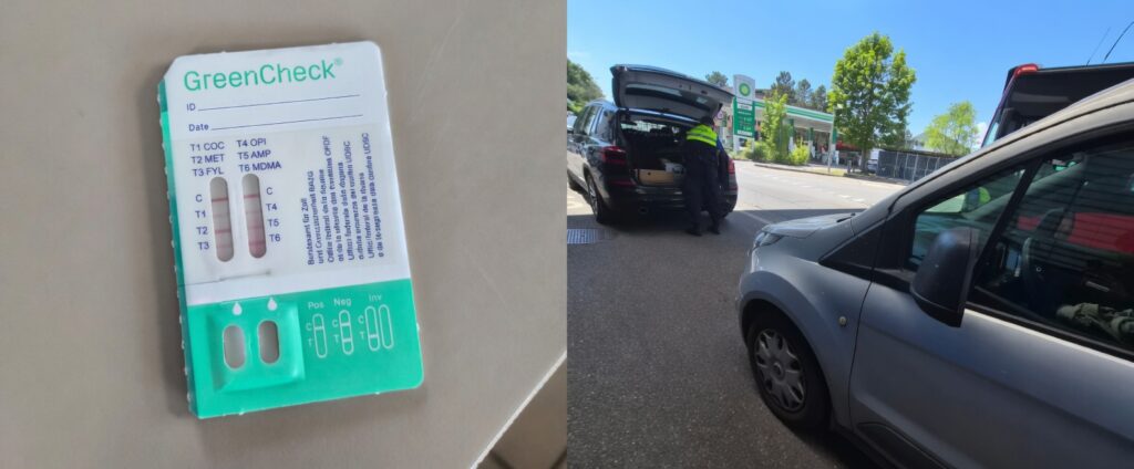 左側：GreenCheck マルチドラッグテストキット（6種パネル）、右側：ガソリンスタンドで警察官が黒いSUVのトランクを検査している様子