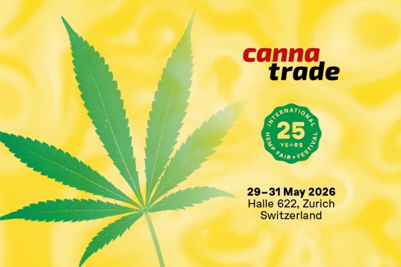 Canna Trade International Hemp Fair + Festival 25周年記念ポスター。緑色の大きな大麻の葉が黄色い背景に描かれ、右上に『canna trade』のロゴ、緑の円形シールに『25 YEARS』、下部に『29–31 May 2026 Halle 622, Zurich Switzerland』のイベント情報が記載されている。