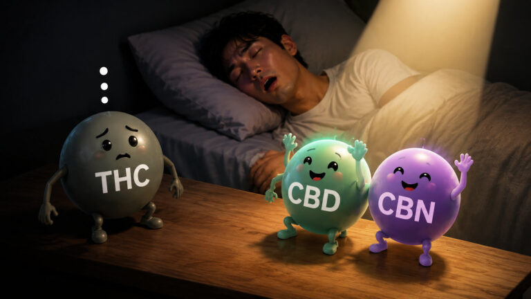 睡眠中の男性のそばでCBDとCBNが笑顔、THCが困惑した表情を見せる睡眠イメージイラスト