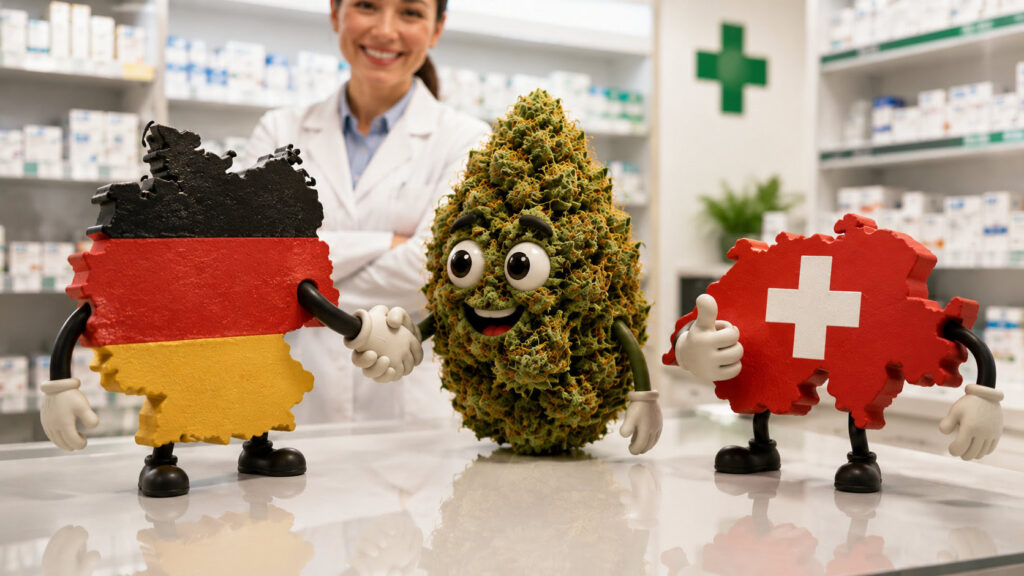 ドイツとスイスの医療用大麻制度をイメージしたイラスト。薬局で大麻の花と両国の国旗キャラクターが握手する様子