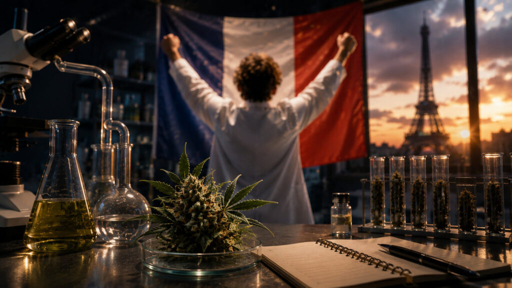 フランス国旗を背景に研究者が歓喜する医療用大麻研究のイメージ。実験器具と大麻植物が並ぶ研究室の様子